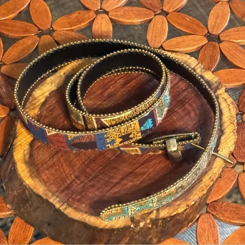 Aztec Multicolor Patterned Women's Belt Silver Buckle Trim 41
